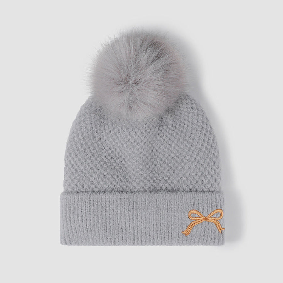 Thermal Bow Knit Hat with Pompom Gray / One Size Apparel and Accessories