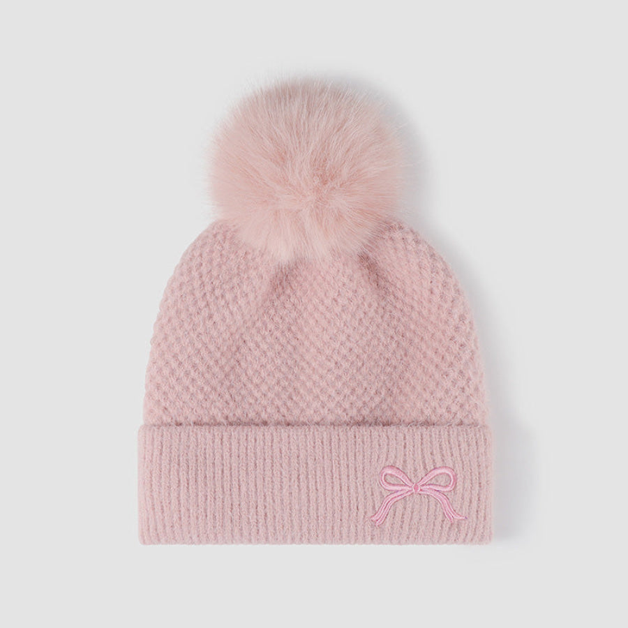 Thermal Bow Knit Hat with Pompom Pink / One Size Apparel and Accessories
