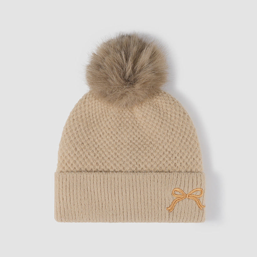 Thermal Bow Knit Hat with Pompom Tan / One Size Apparel and Accessories