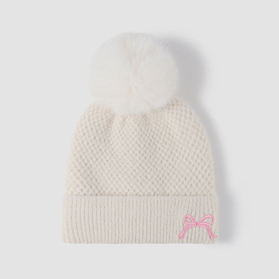 Thermal Bow Knit Hat with Pompom White / One Size Apparel and Accessories