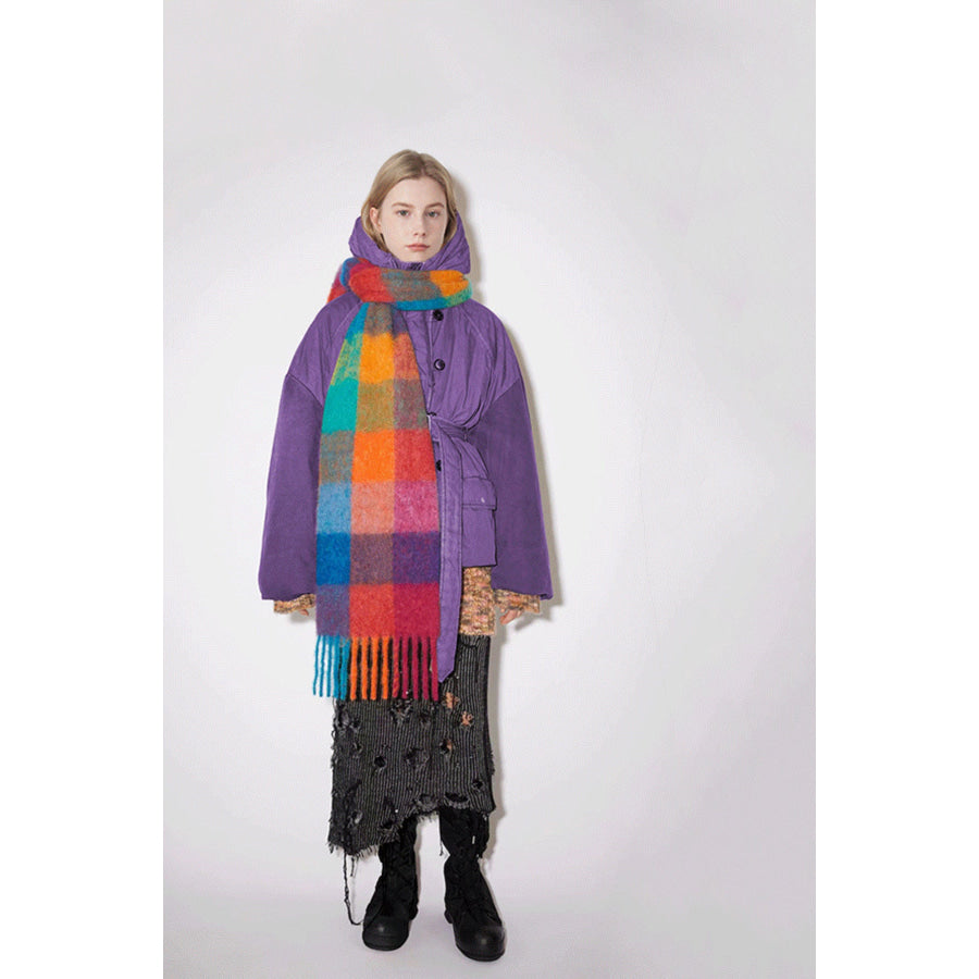 Thermal Fringe Contrast Plaid Scarf Blue/Orange grid / One Size Apparel and Accessories