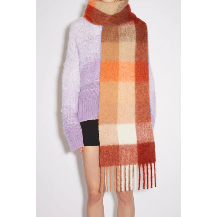 Thermal Fringe Contrast Plaid Scarf Orange/White grid / One Size Apparel and Accessories