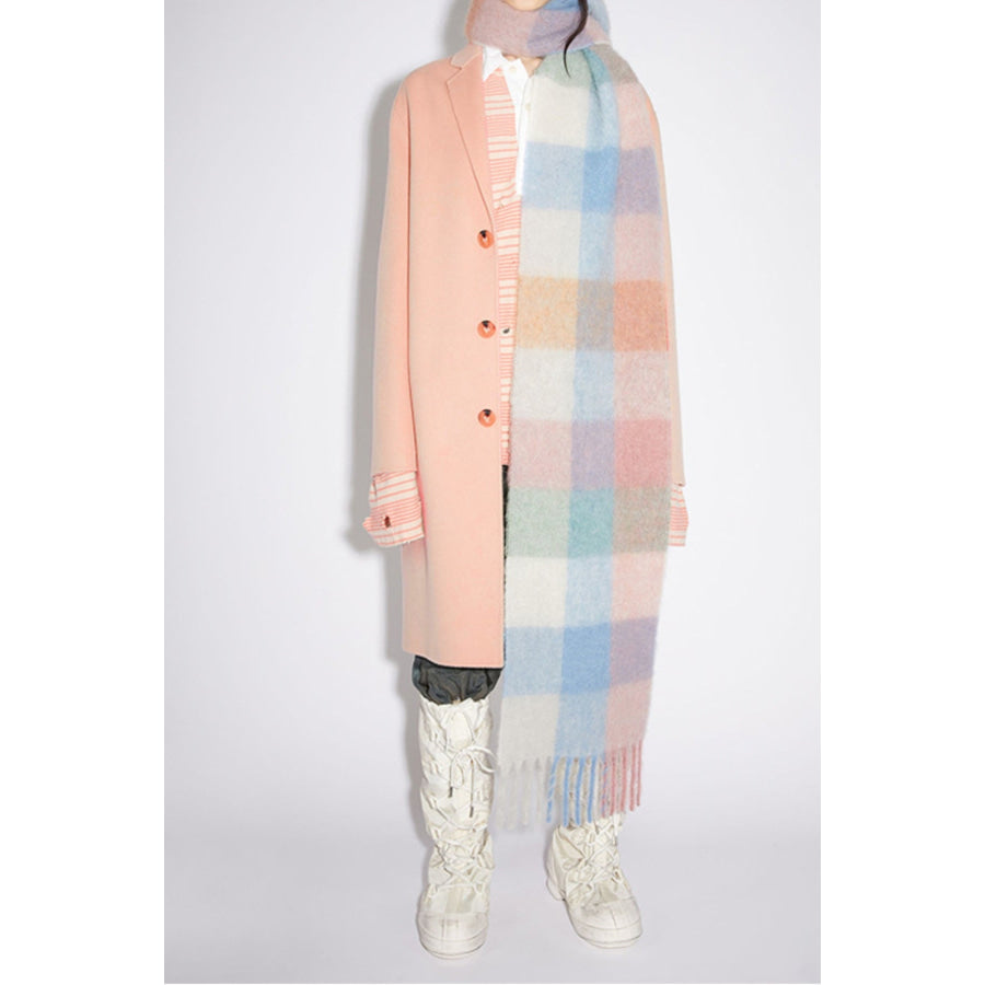 Thermal Fringe Contrast Plaid Scarf Pink/Blue grid / One Size Apparel and Accessories