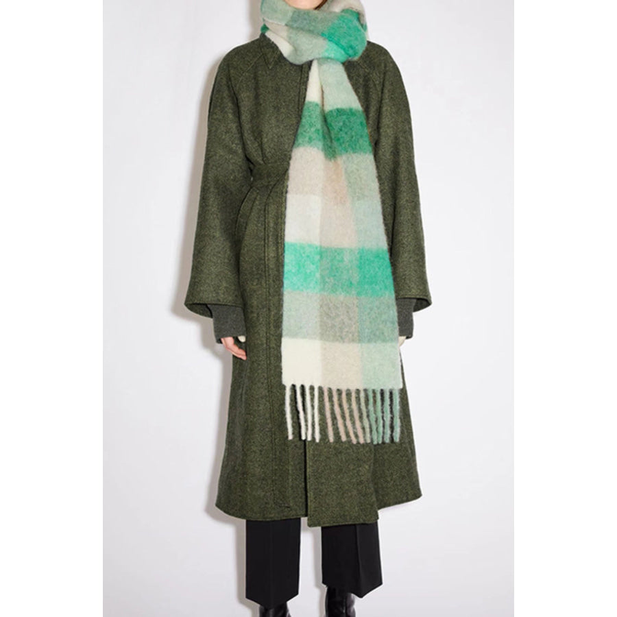 Thermal Fringe Contrast Plaid Scarf White/Green grid / One Size Apparel and Accessories