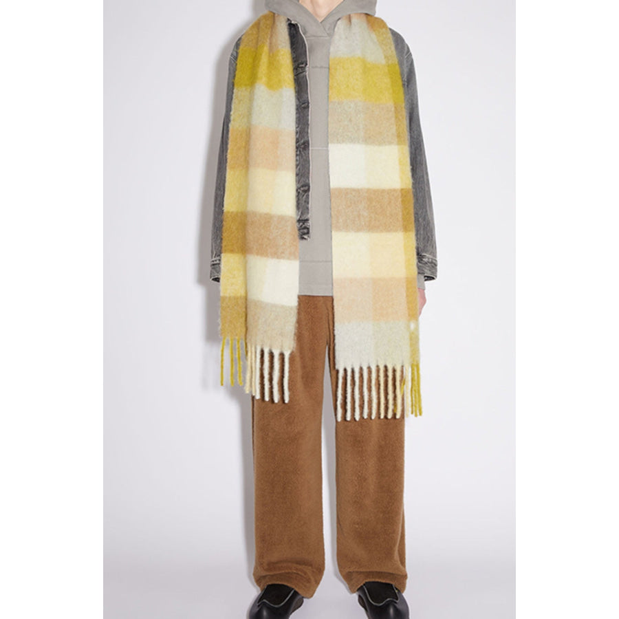 Thermal Fringe Contrast Plaid Scarf Yellow / One Size Apparel and Accessories