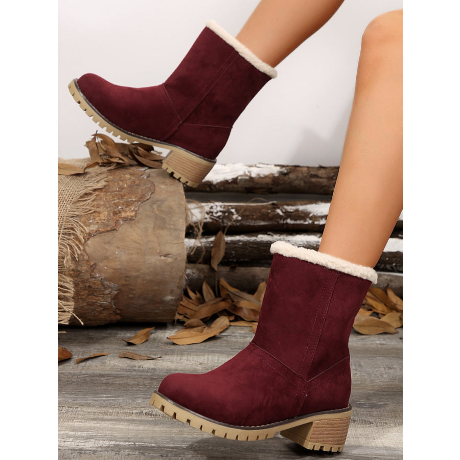 Thermal Fuzzy Block Heel Boots Burgundy / 35(US4) Apparel and Accessories