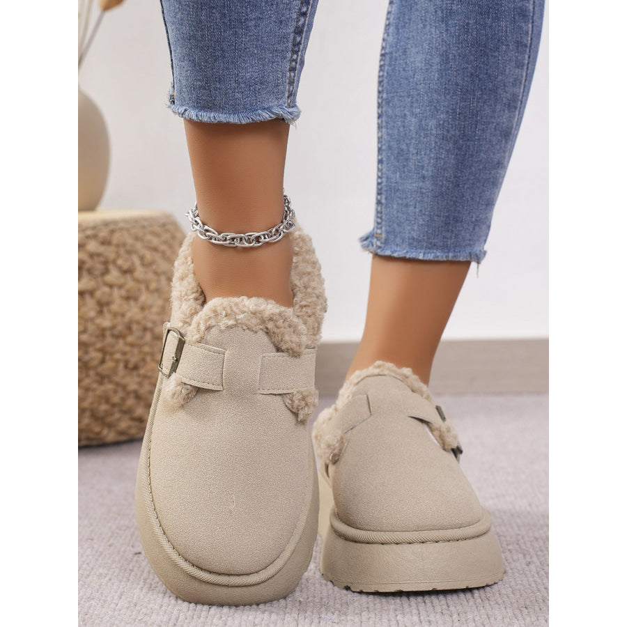 Thermal Fuzzy Buckle Platform Slippers Beige / 36(US5) Apparel and Accessories