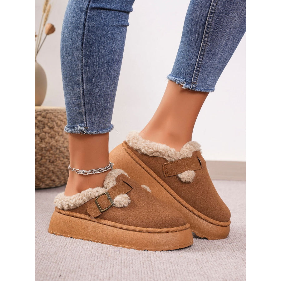 Thermal Fuzzy Buckle Platform Slippers Caramel / 36(US5) Apparel and Accessories