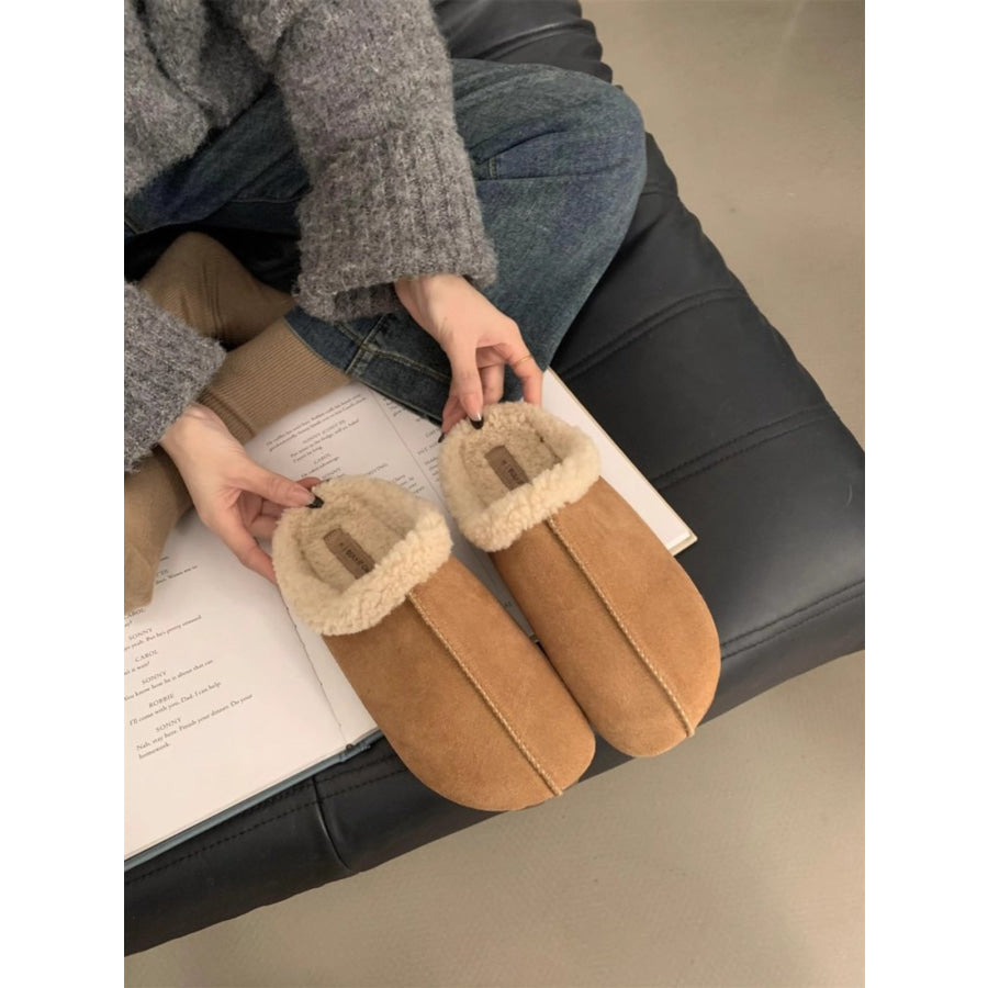 Thermal Fuzzy Round Toe Flat Slippers Camel / 35(US4) Apparel and Accessories