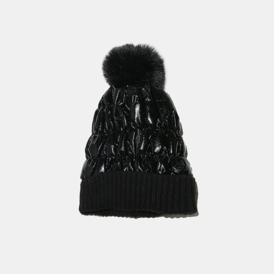 Thermal Knit Hat with Pompom Black / One Size Apparel and Accessories