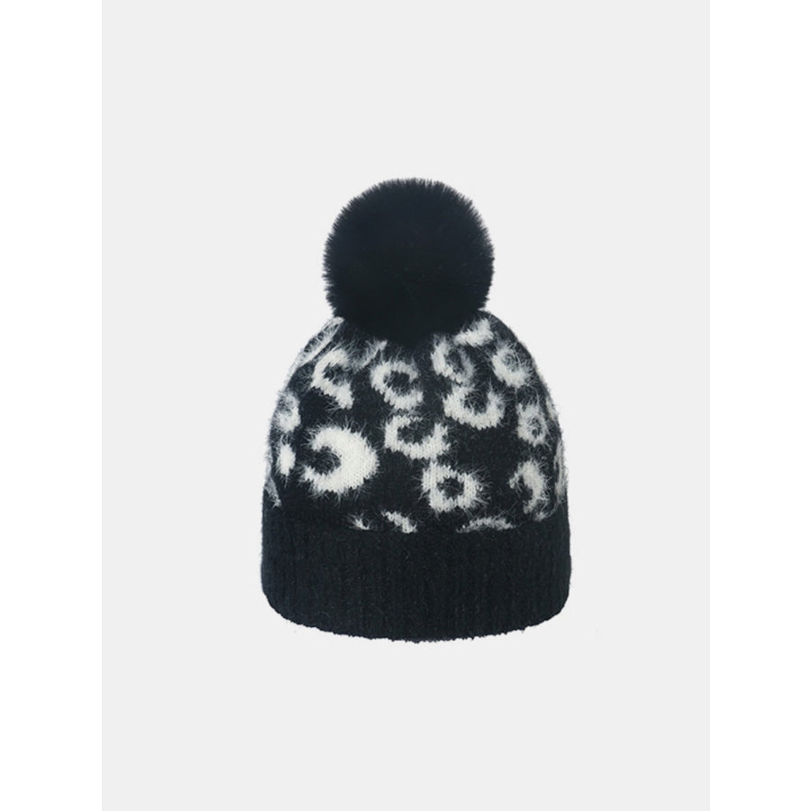 Thermal Leopard Hat with Pompom Black / One Size Apparel and Accessories