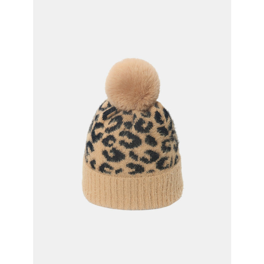 Thermal Leopard Hat with Pompom Camel / One Size Apparel and Accessories