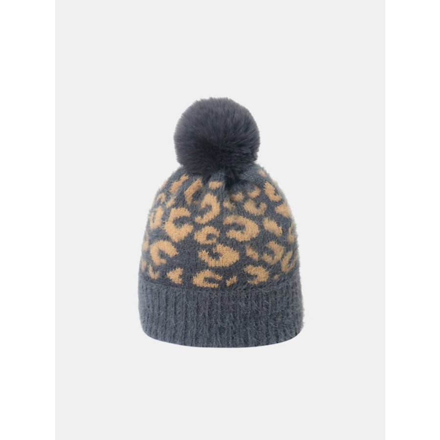 Thermal Leopard Hat with Pompom Dark Gray / One Size Apparel and Accessories