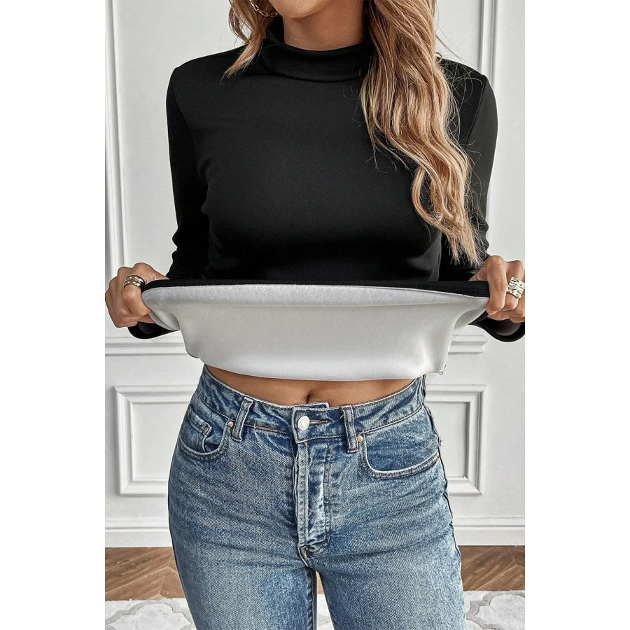 Thermal Lined Mock Neck Long Sleeve Blouse Apparel and Accessories