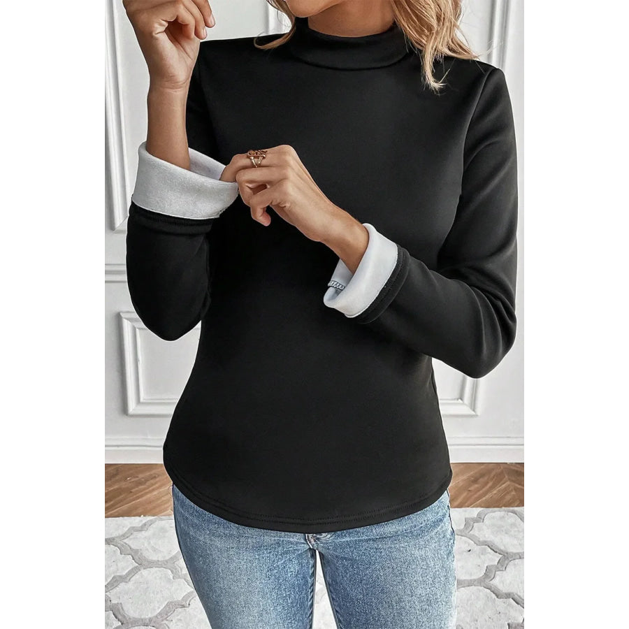 Thermal Lined Mock Neck Long Sleeve Blouse Black / S Apparel and Accessories