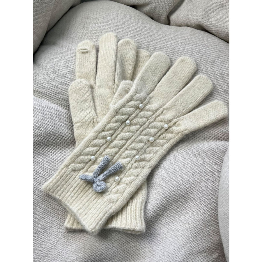 Thermal Pearl Detail Bow Five-Finger Gloves Cream / One Size Apparel and Accessories