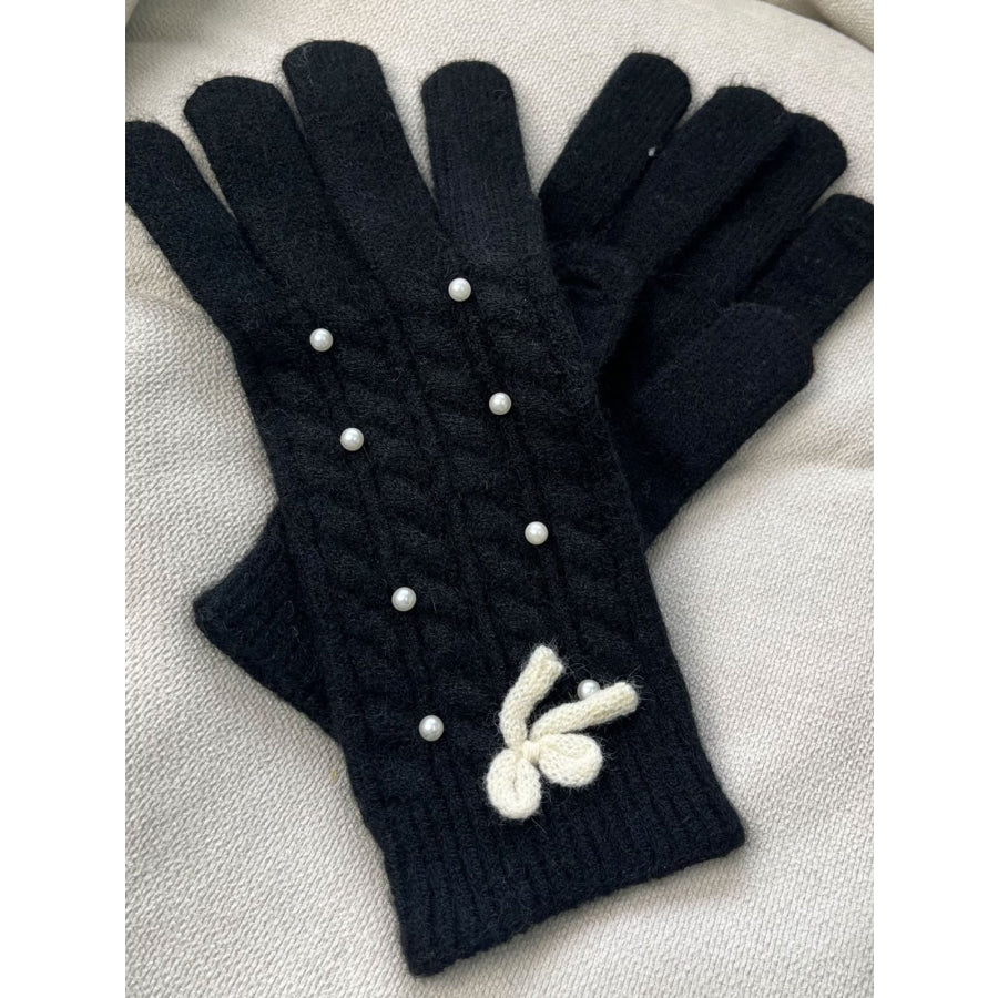 Thermal Pearl Detail Bow Five-Finger Gloves Black / One Size Apparel and Accessories