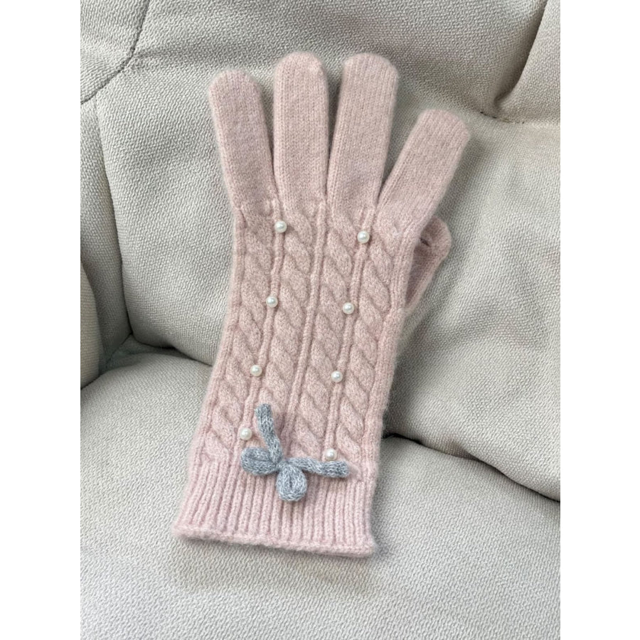 Thermal Pearl Detail Bow Five-Finger Gloves Blush Pink / One Size Apparel and Accessories