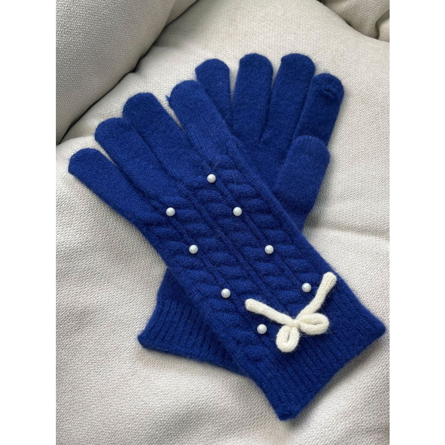 Thermal Pearl Detail Bow Five-Finger Gloves Dark Blue / One Size Apparel and Accessories