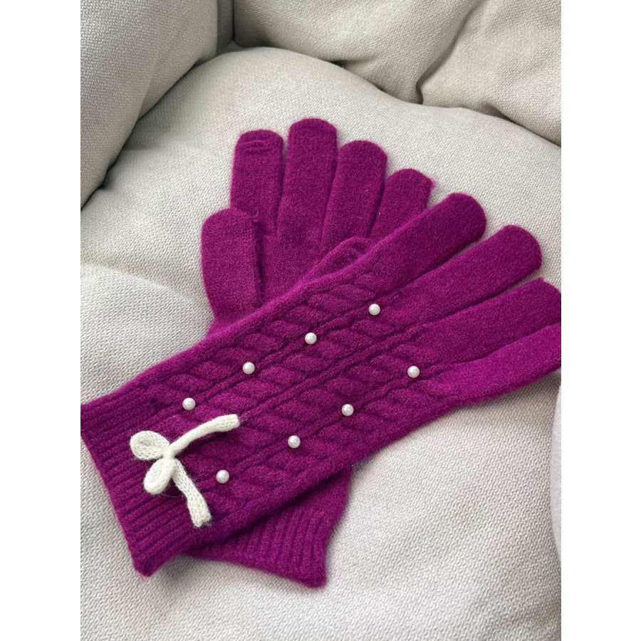 Thermal Pearl Detail Bow Five-Finger Gloves Deep Purple / One Size Apparel and Accessories