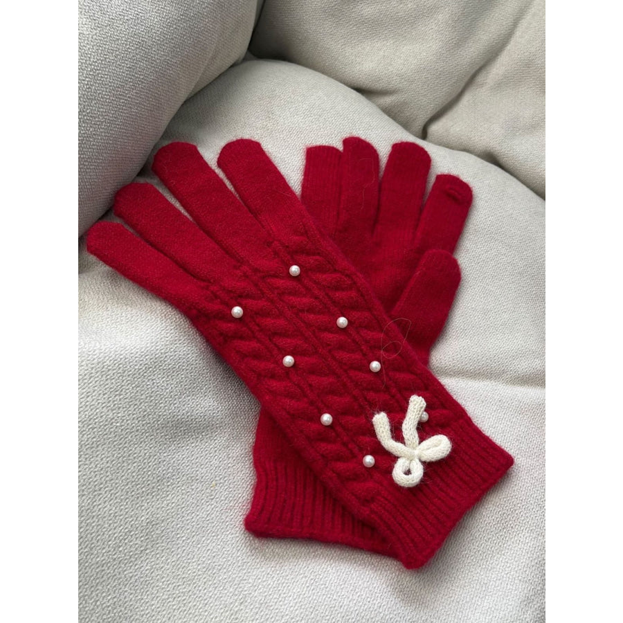 Thermal Pearl Detail Bow Five-Finger Gloves Deep Red / One Size Apparel and Accessories