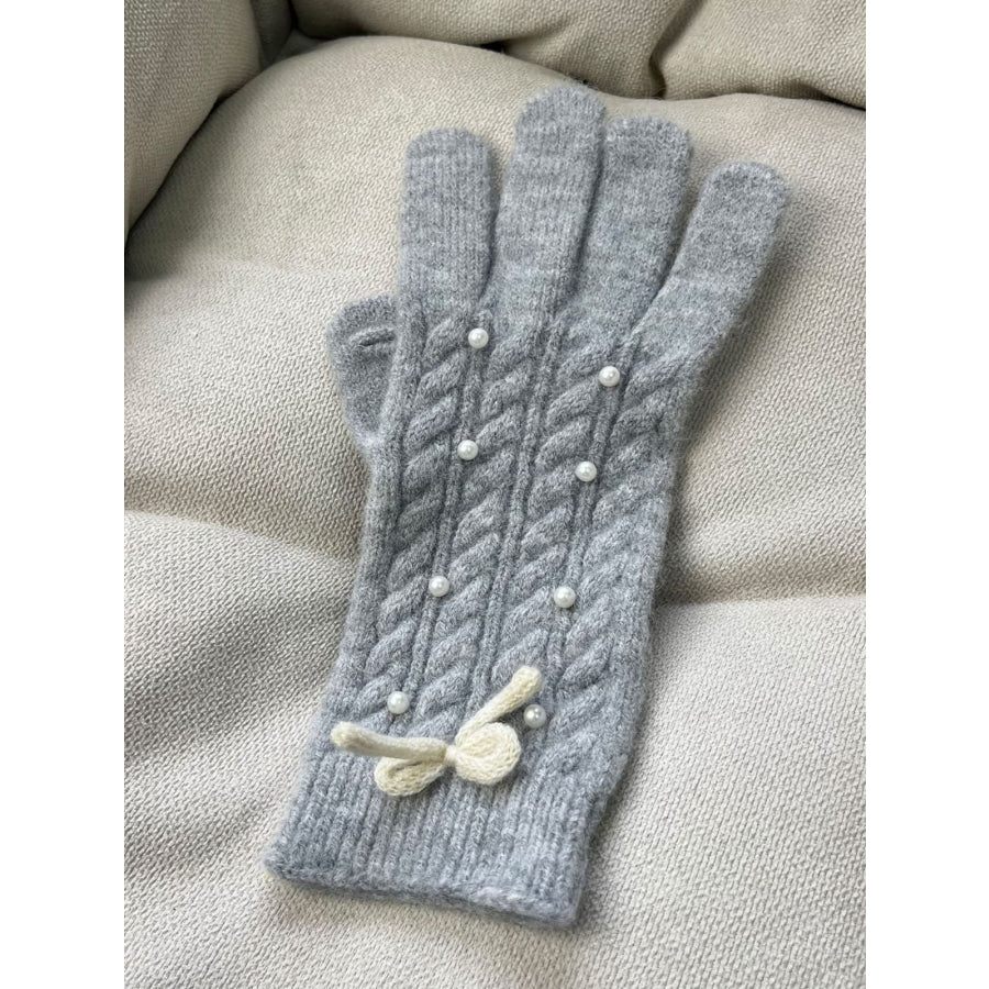 Thermal Pearl Detail Bow Five-Finger Gloves Gray / One Size Apparel and Accessories