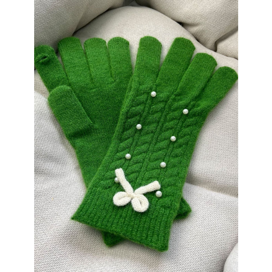 Thermal Pearl Detail Bow Five-Finger Gloves Green / One Size Apparel and Accessories