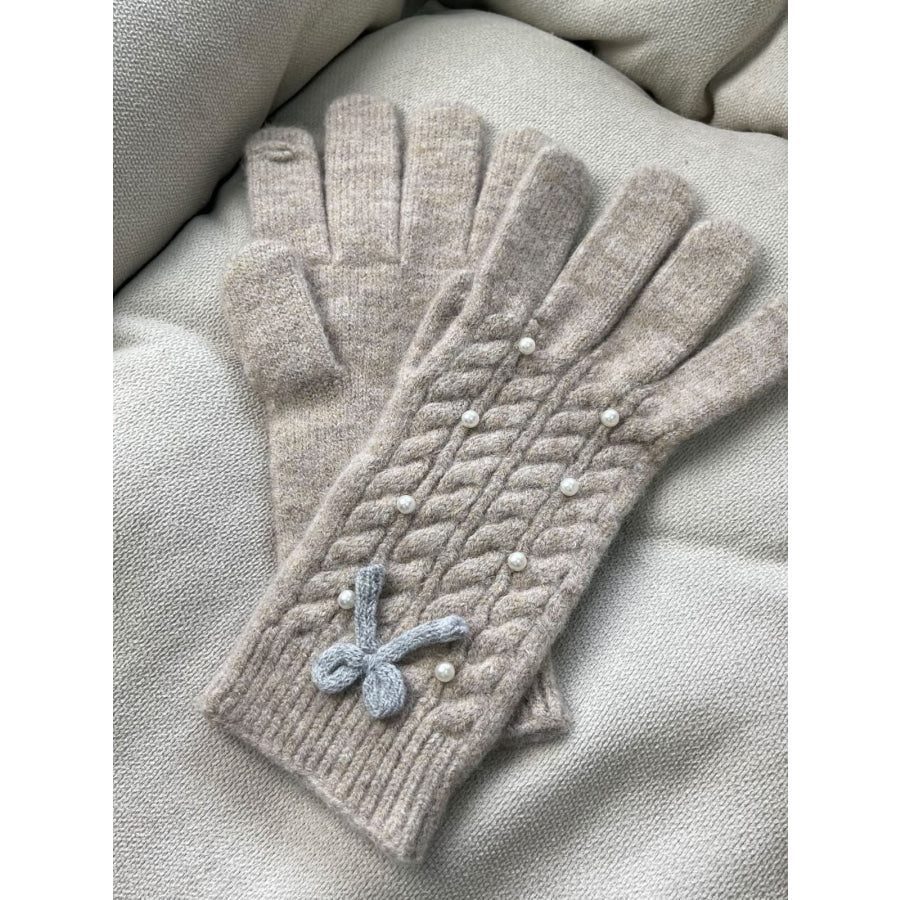 Thermal Pearl Detail Bow Five-Finger Gloves Khaki / One Size Apparel and Accessories