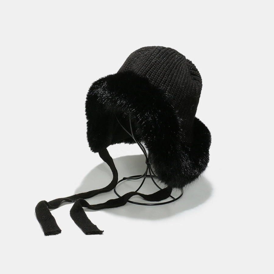 Thermal Tied Fuzzy Winter Hat Black / One Size Apparel and Accessories