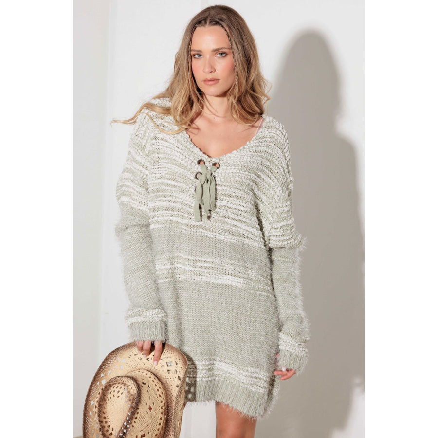 Thinkable Mixed-Stitch Front Tie Sweater Dress Light Green / S/M Apparel and Accessories