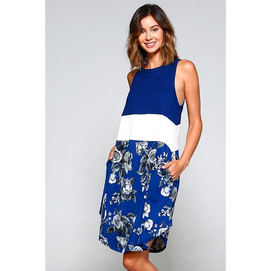 Tank 3Colour Block Dress W/pockets S / Navy/grey Floral Dresses