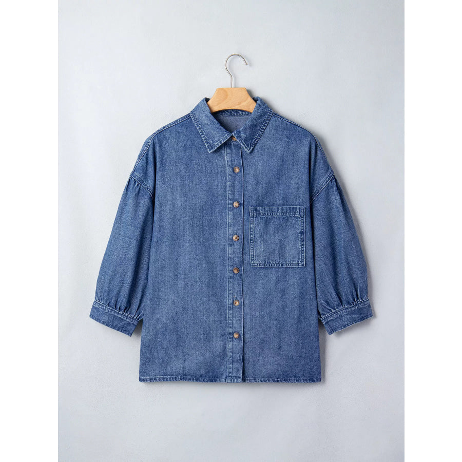 Three Quarter Sleeve Button Front Loose Denim Shirt Apparel and Accessories