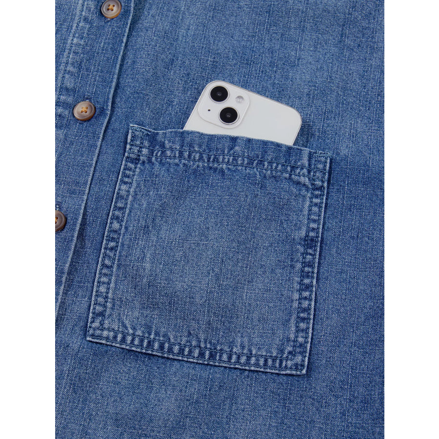 Three Quarter Sleeve Button Front Loose Denim Shirt Apparel and Accessories