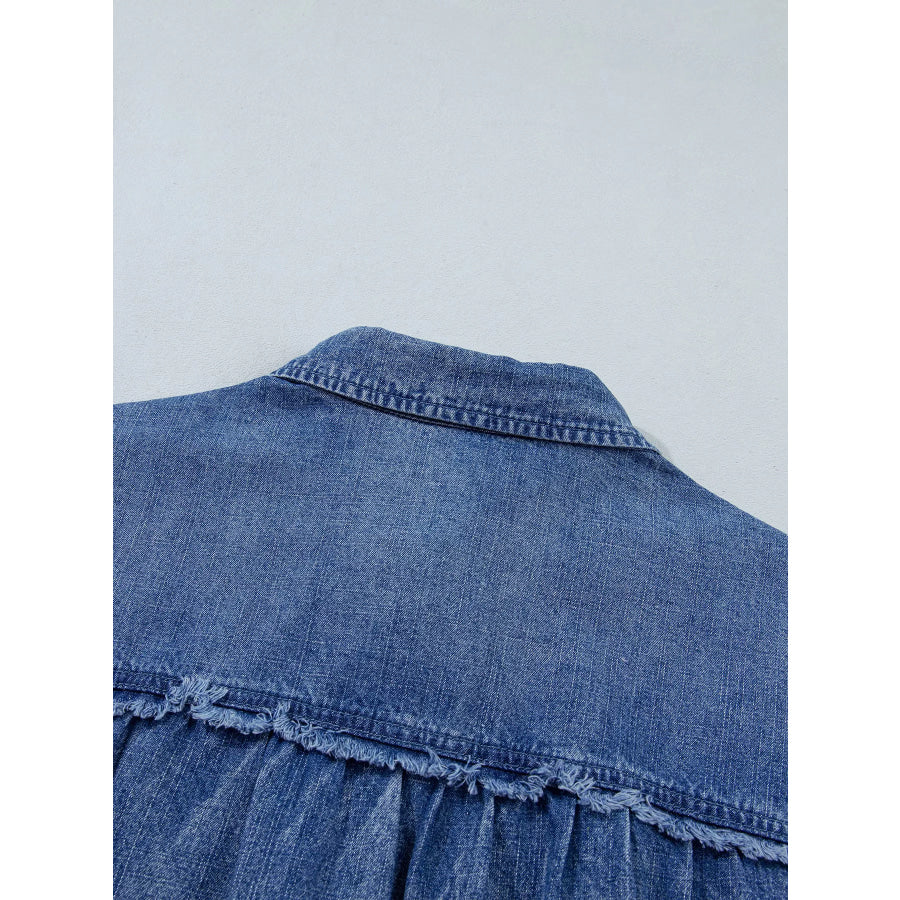 Three Quarter Sleeve Button Front Loose Denim Shirt Apparel and Accessories