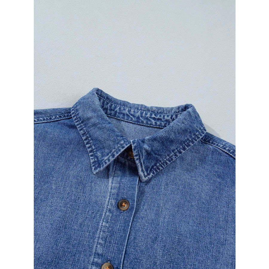 Three Quarter Sleeve Button Front Loose Denim Shirt Apparel and Accessories