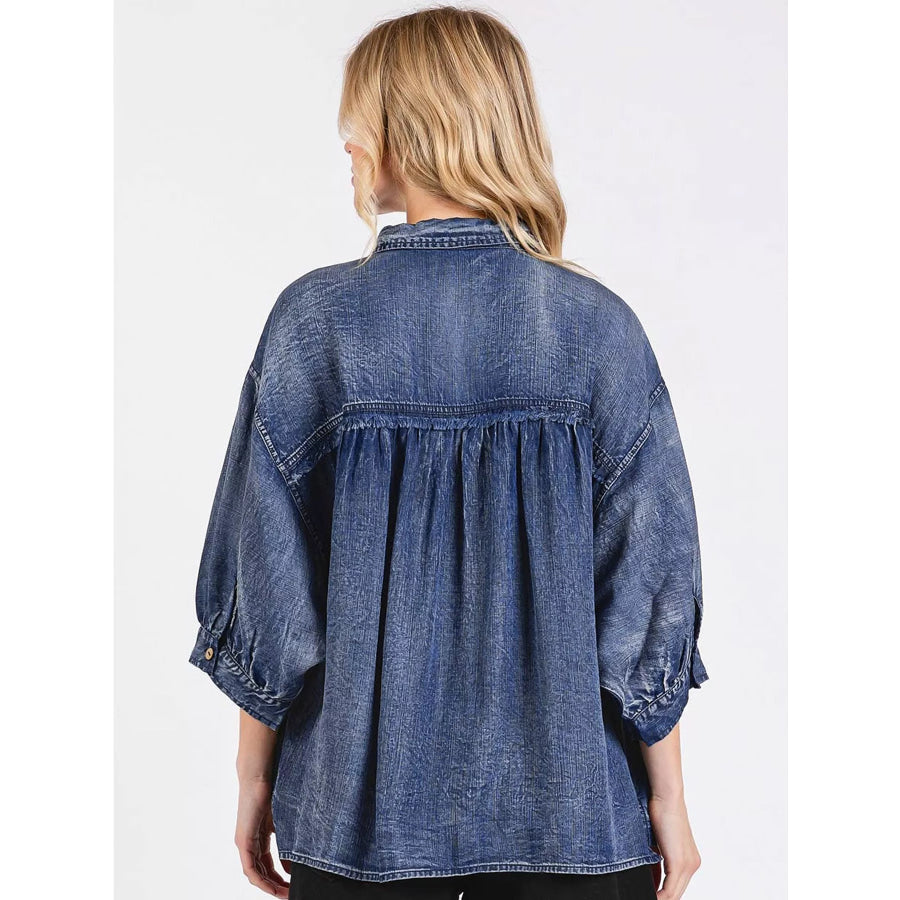 Three Quarter Sleeve Button Front Loose Denim Shirt Apparel and Accessories