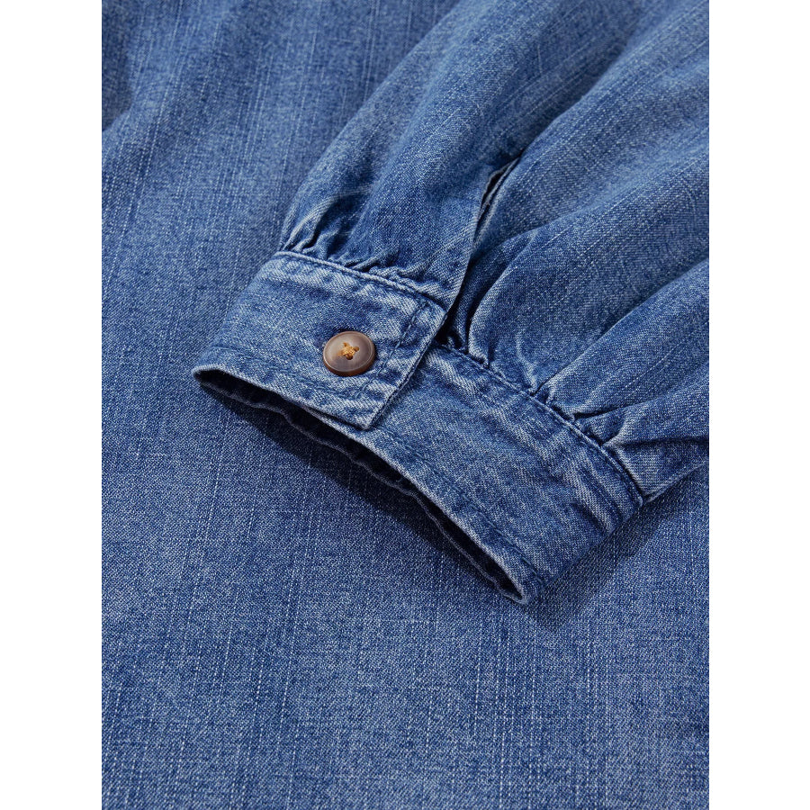 Three Quarter Sleeve Button Front Loose Denim Shirt Apparel and Accessories