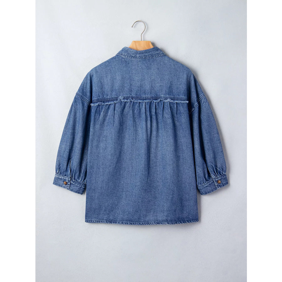 Three Quarter Sleeve Button Front Loose Denim Shirt Apparel and Accessories
