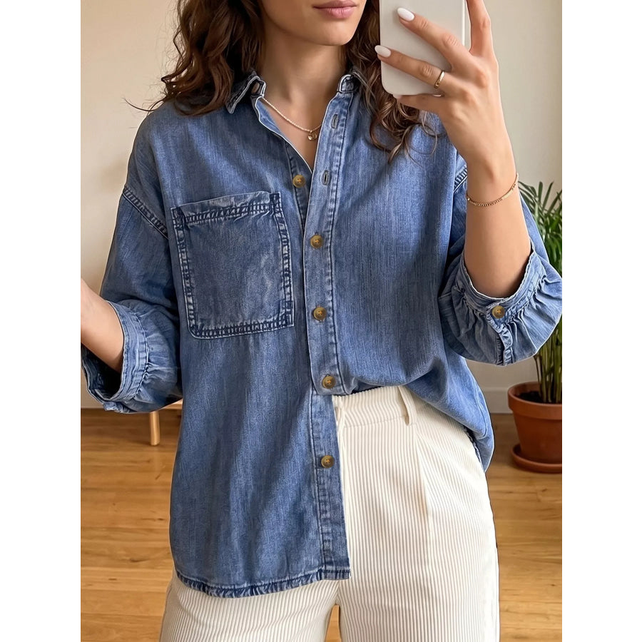Three Quarter Sleeve Button Front Loose Denim Shirt Apparel and Accessories