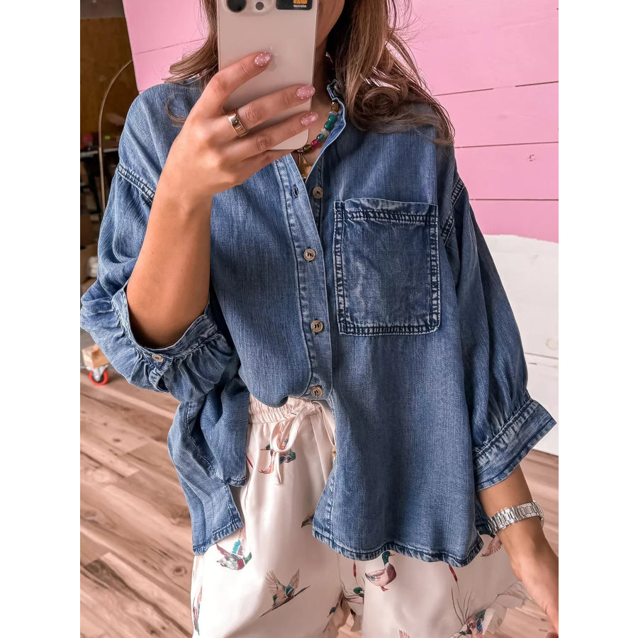 Three Quarter Sleeve Button Front Loose Denim Shirt Dusty Blue / S Apparel and Accessories