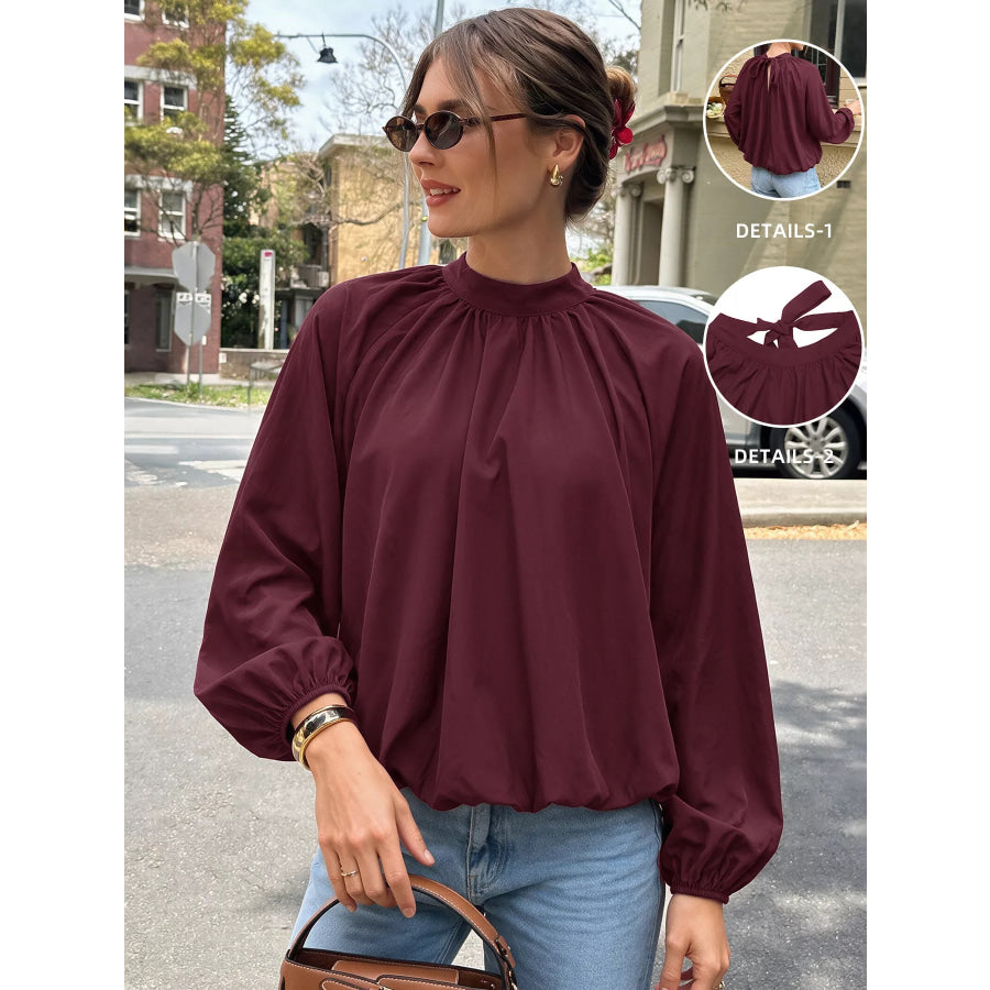 Tie Back Balloon Sleeve Blouse Fuchsia Pink / S Apparel and Accessories