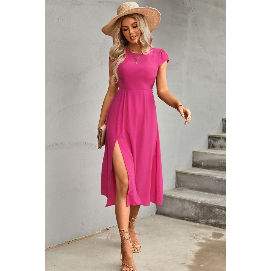 Tie Back Cutout Round Neck Split Dress