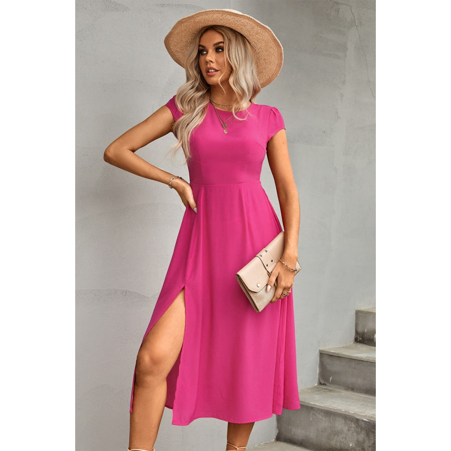 Tie Back Cutout Round Neck Split Dress