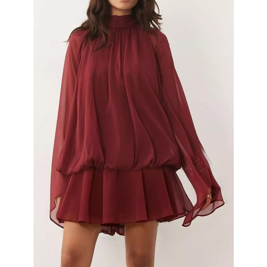 Tie Back Flare Sleeve Mini Dress Wine Red / S Apparel and Accessories