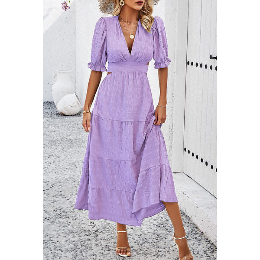 Tie Back Short Sleeve Tiered Dress Lavender / S Apparel and Accessories