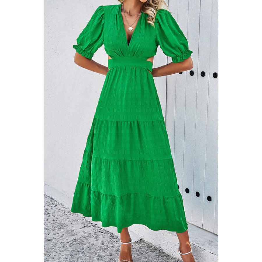 Tie Back Short Sleeve Tiered Dress Mid Green / S Apparel and Accessories