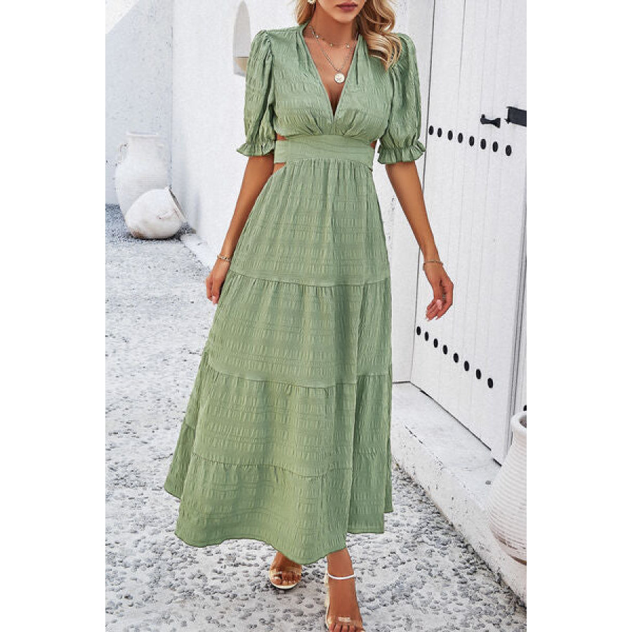 Tie Back Short Sleeve Tiered Dress Sage / S Apparel and Accessories