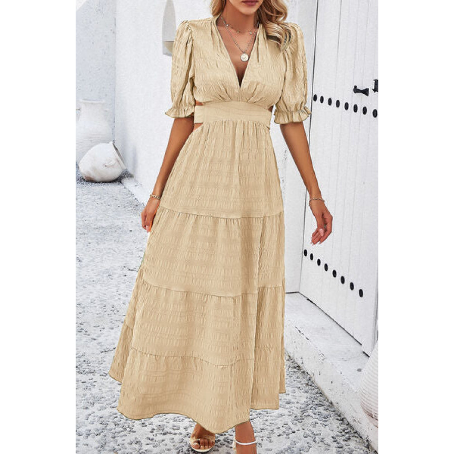 Tie Back Short Sleeve Tiered Dress Tan / S Apparel and Accessories