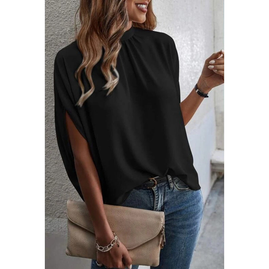 Tie Back Slit Half Sleeve Blouse Black / S Apparel and Accessories