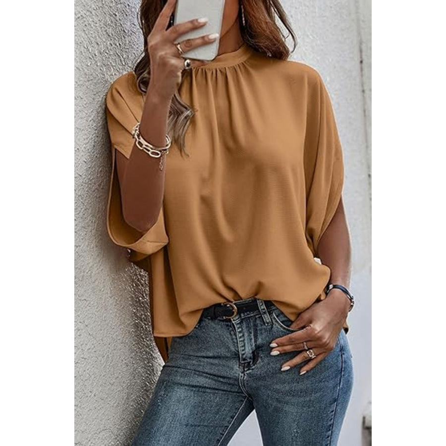 Tie Back Slit Half Sleeve Blouse Camel / S Apparel and Accessories